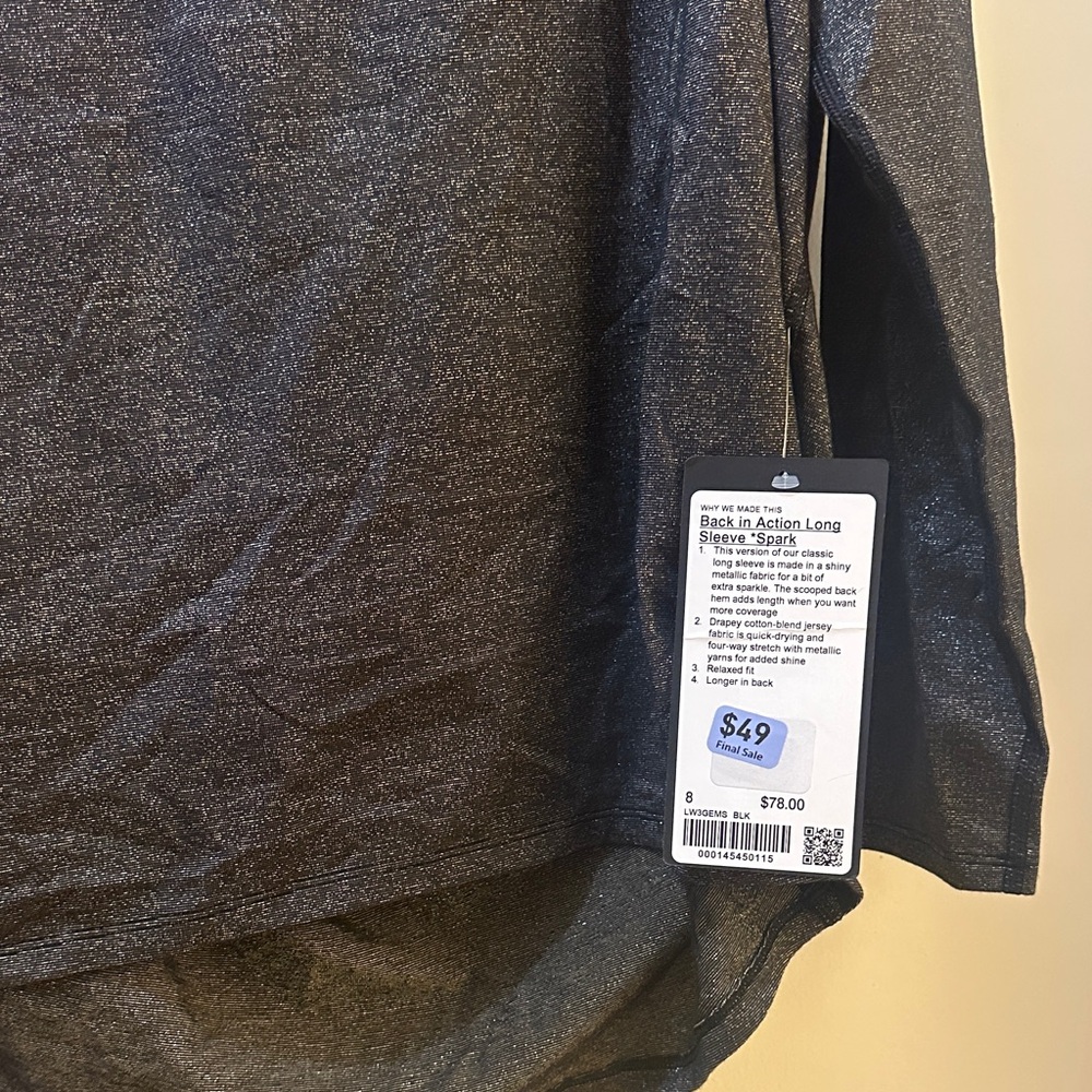 NWT Lululemon Black an Gold Shimmer Long Sleeve Top